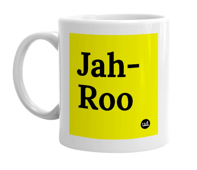 White mug with 'Jah-Roo' in bold black letters