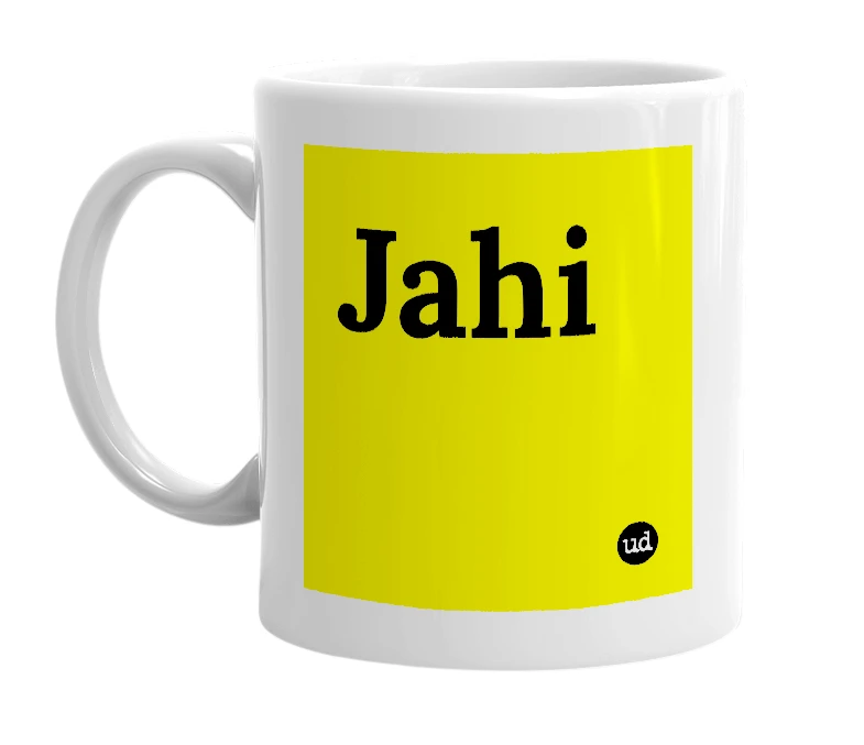 White mug with 'Jahi' in bold black letters