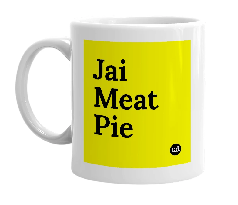 White mug with 'Jai Meat Pie' in bold black letters