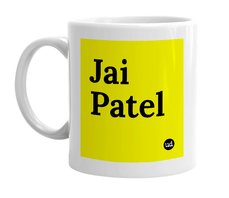 White mug with 'Jai Patel' in bold black letters