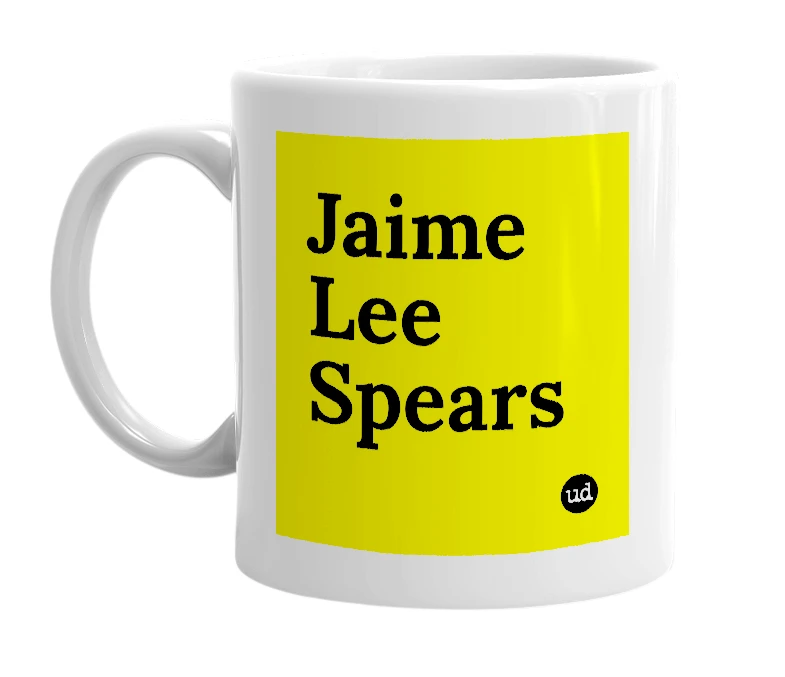 White mug with 'Jaime Lee Spears' in bold black letters