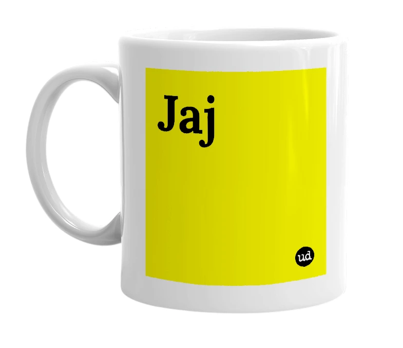 White mug with 'Jaj' in bold black letters