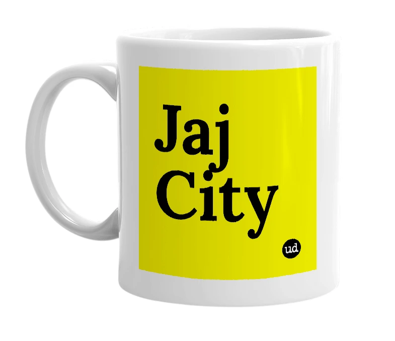 White mug with 'Jaj City' in bold black letters