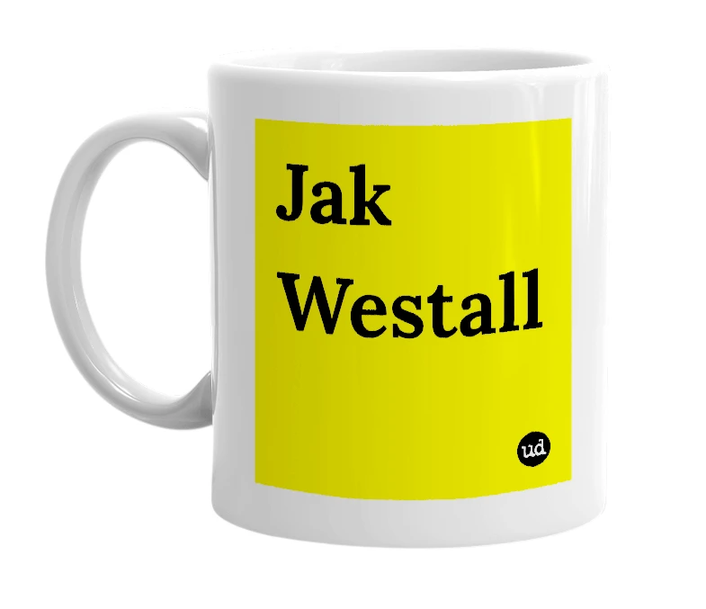 White mug with 'Jak Westall' in bold black letters