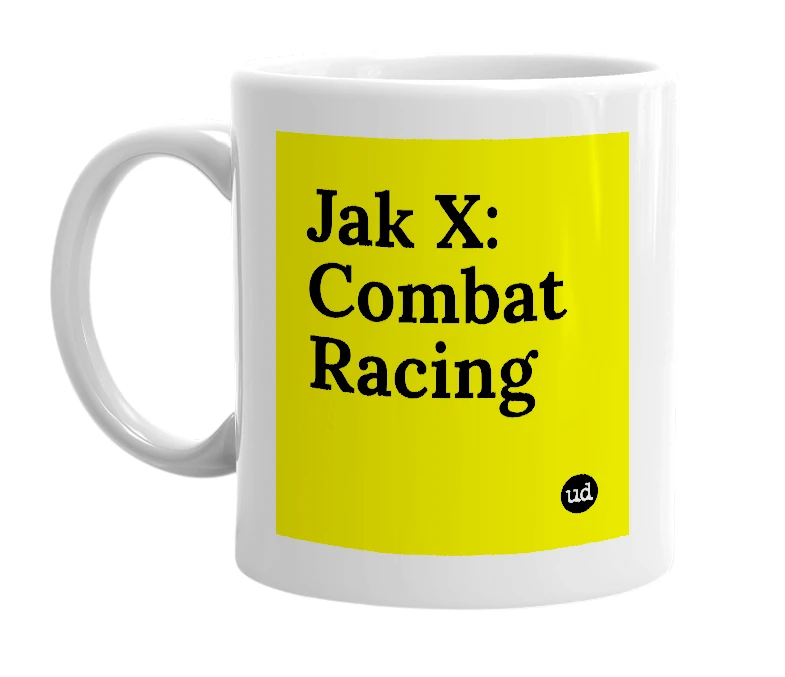 White mug with 'Jak X: Combat Racing' in bold black letters