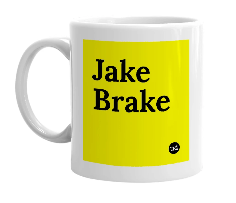 White mug with 'Jake Brake' in bold black letters