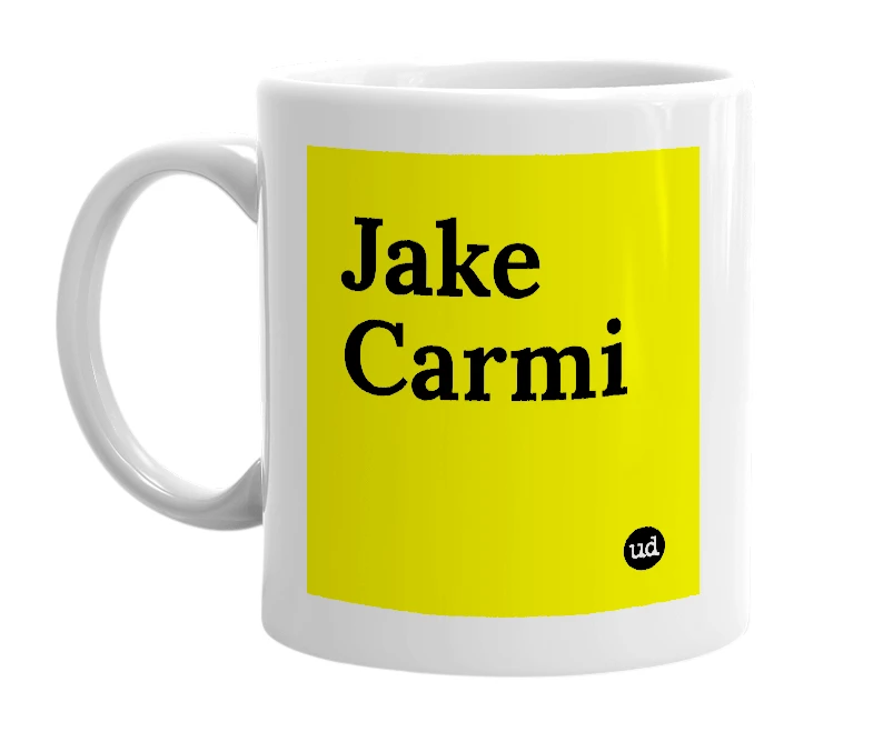White mug with 'Jake Carmi' in bold black letters