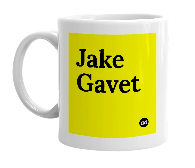 White mug with 'Jake Gavet' in bold black letters