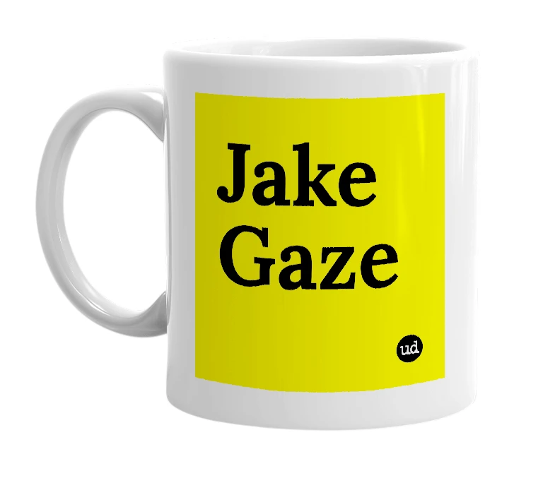 White mug with 'Jake Gaze' in bold black letters