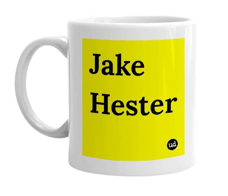 White mug with 'Jake Hester' in bold black letters