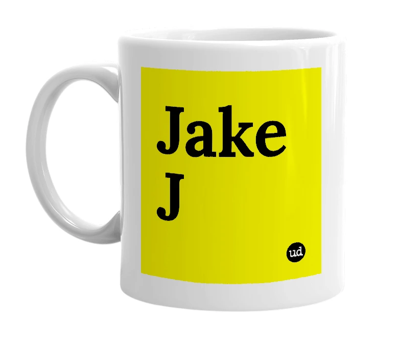 White mug with 'Jake J' in bold black letters
