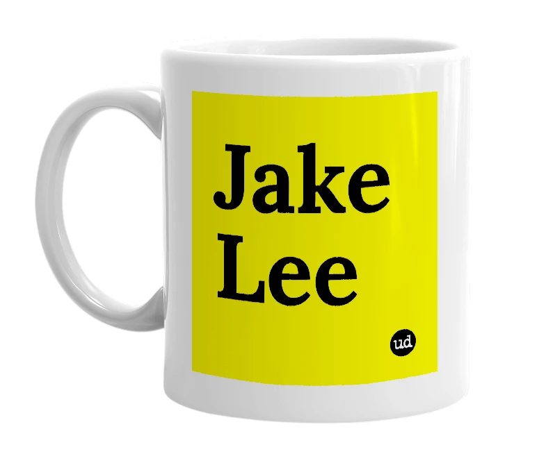 White mug with 'Jake Lee' in bold black letters