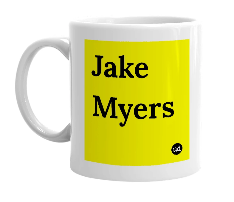 White mug with 'Jake Myers' in bold black letters