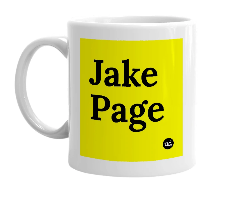 White mug with 'Jake Page' in bold black letters