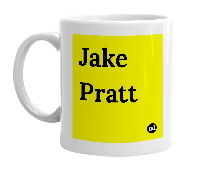 White mug with 'Jake Pratt' in bold black letters