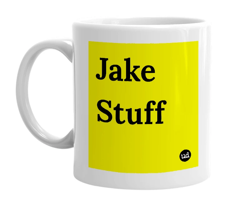 White mug with 'Jake Stuff' in bold black letters