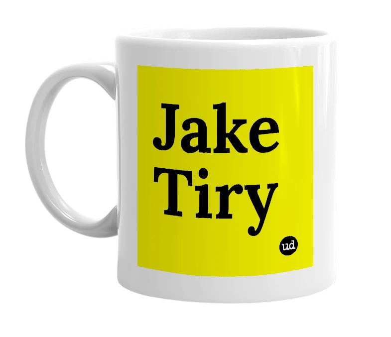 White mug with 'Jake Tiry' in bold black letters