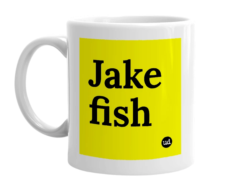 White mug with 'Jake fish' in bold black letters