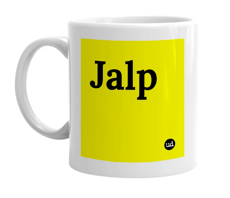 White mug with 'Jalp' in bold black letters