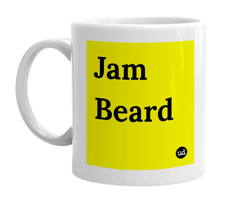 White mug with 'Jam Beard' in bold black letters