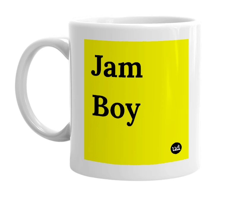 White mug with 'Jam Boy' in bold black letters