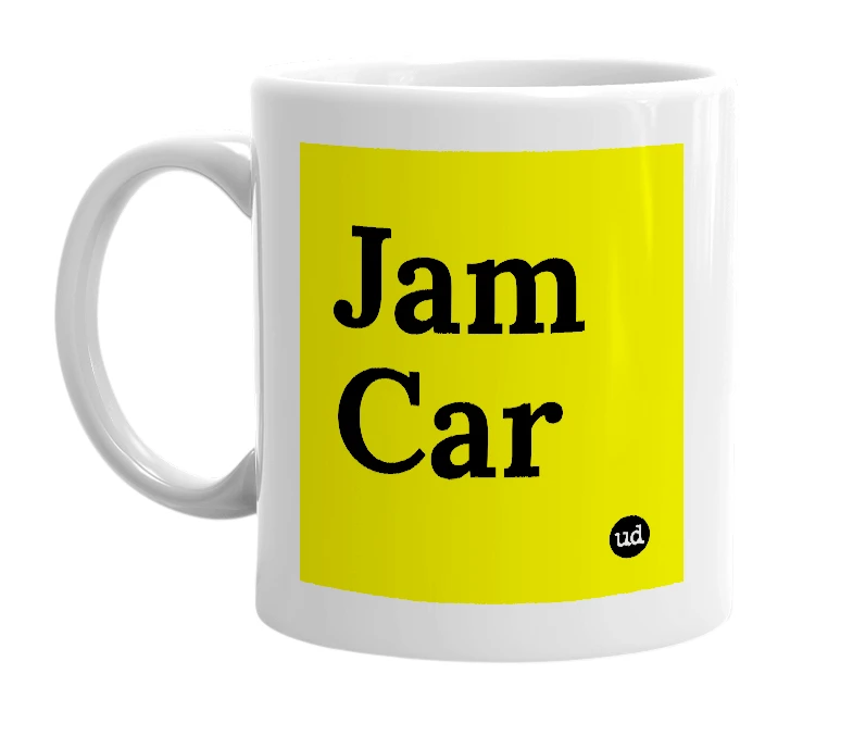 White mug with 'Jam Car' in bold black letters
