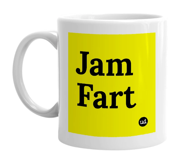 White mug with 'Jam Fart' in bold black letters