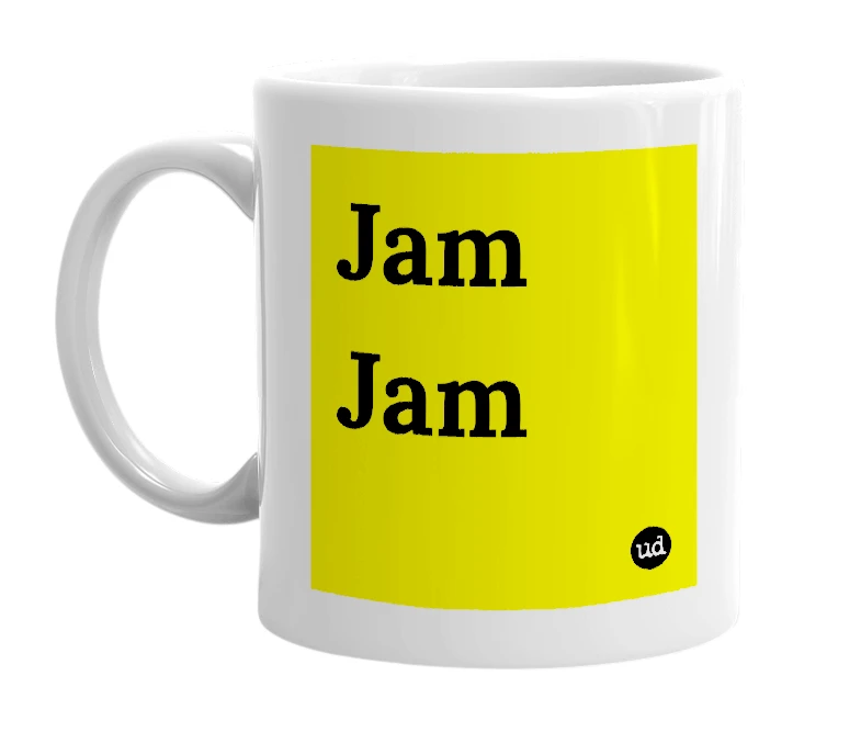 White mug with 'Jam Jam' in bold black letters