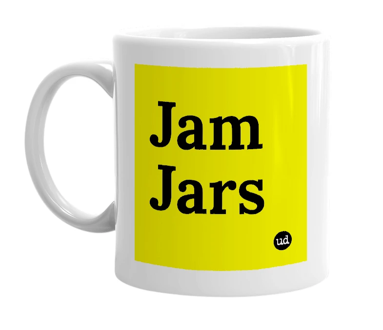 White mug with 'Jam Jars' in bold black letters