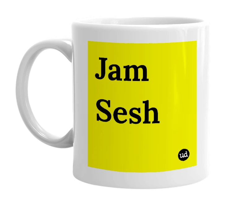 White mug with 'Jam Sesh' in bold black letters
