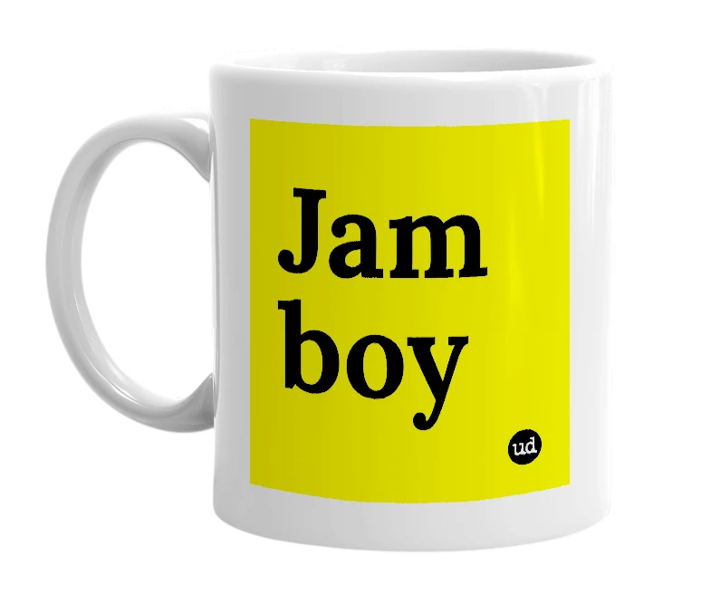 White mug with 'Jam boy' in bold black letters