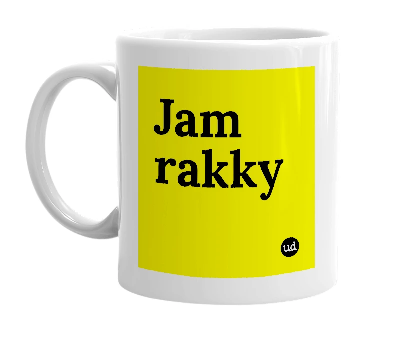 White mug with 'Jam rakky' in bold black letters
