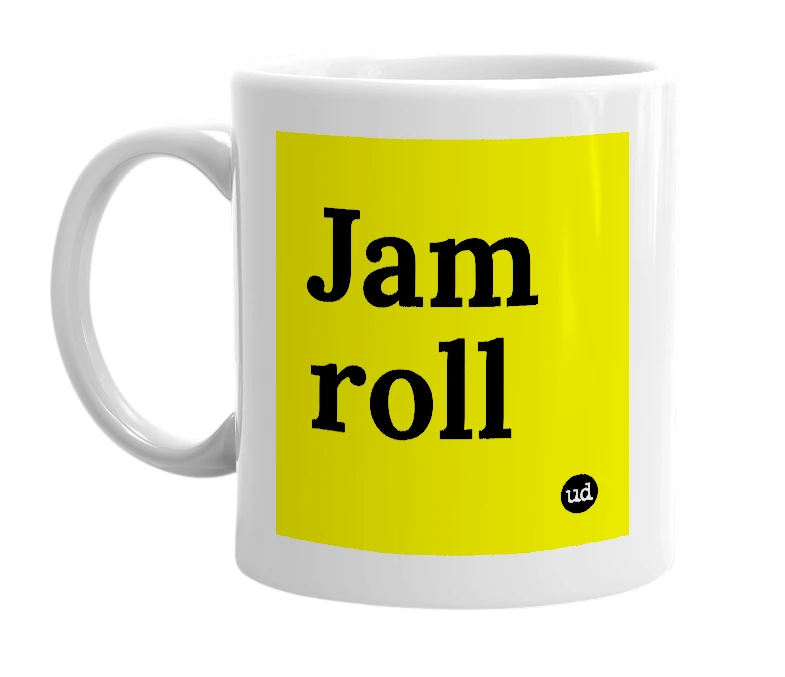 White mug with 'Jam roll' in bold black letters