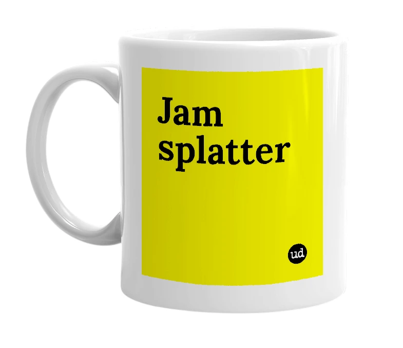 White mug with 'Jam splatter' in bold black letters