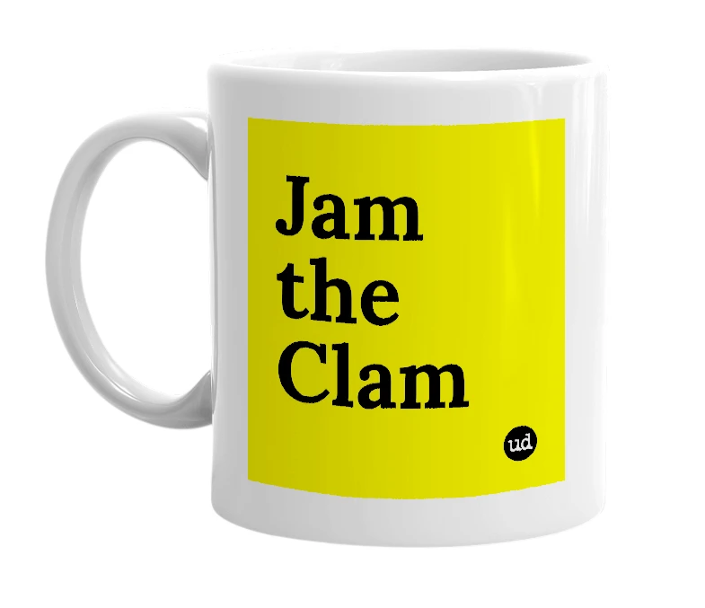 White mug with 'Jam the Clam' in bold black letters