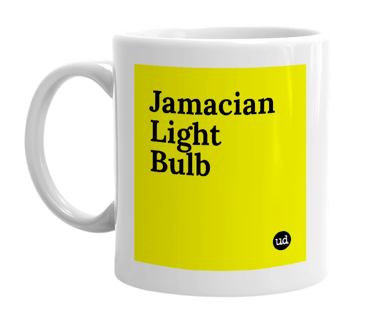 White mug with 'Jamacian Light Bulb' in bold black letters