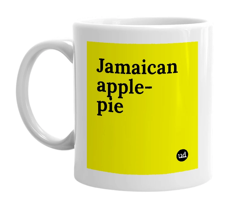 White mug with 'Jamaican apple-pie' in bold black letters