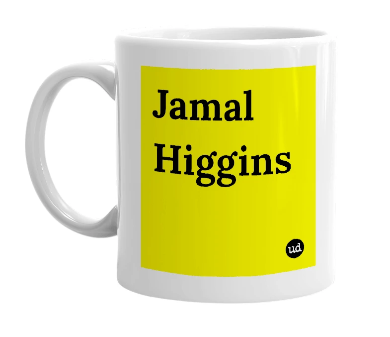 White mug with 'Jamal Higgins' in bold black letters