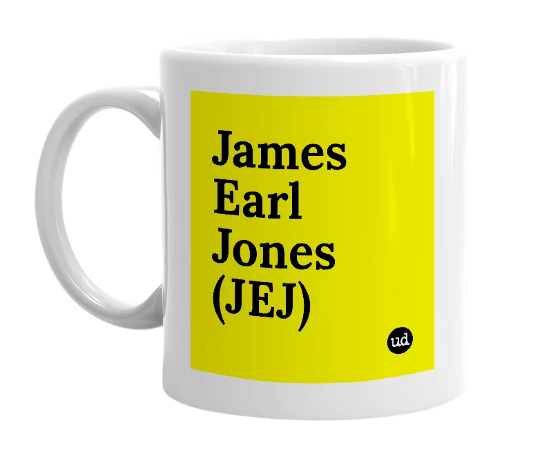 White mug with 'James Earl Jones (JEJ)' in bold black letters