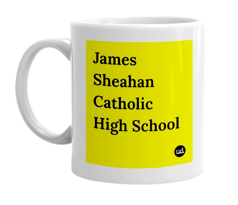 White mug with 'James Sheahan Catholic High School' in bold black letters