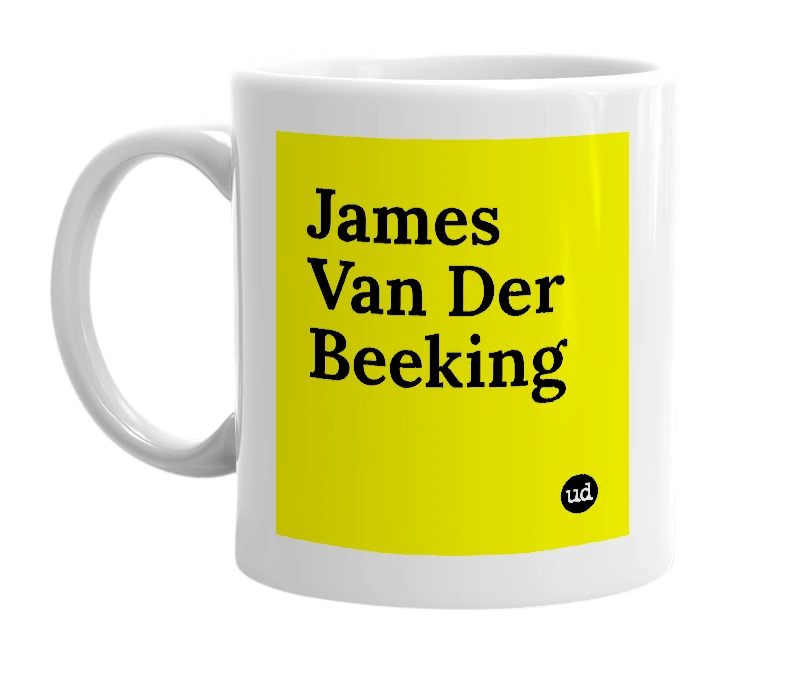 White mug with 'James Van Der Beeking' in bold black letters