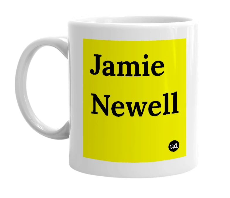 White mug with 'Jamie Newell' in bold black letters