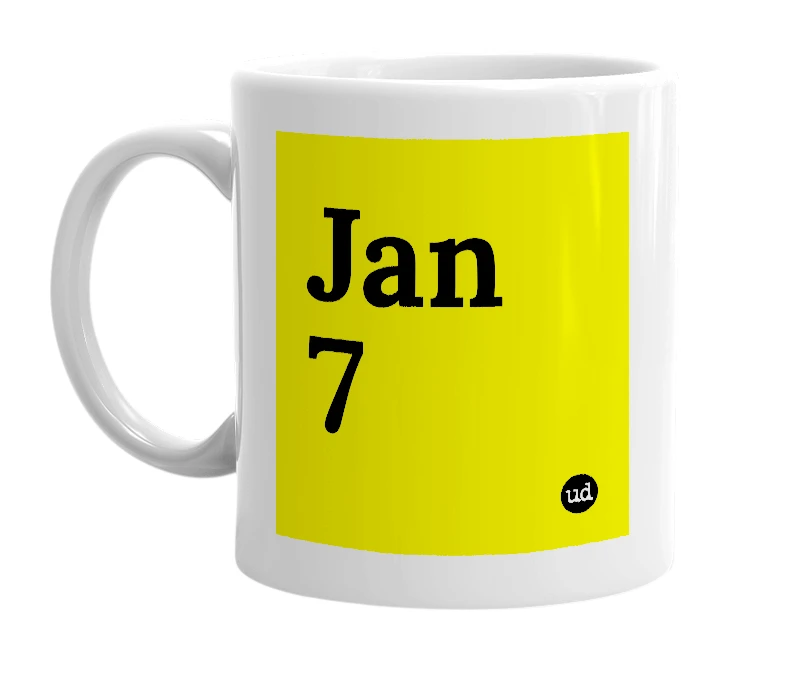 White mug with 'Jan 7' in bold black letters