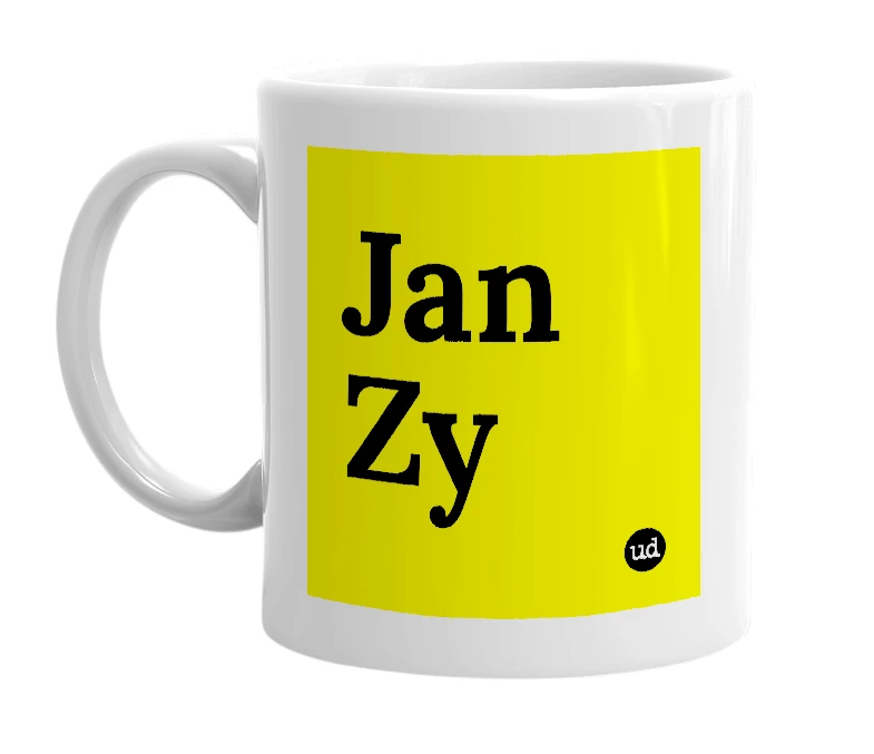 White mug with 'Jan Zy' in bold black letters