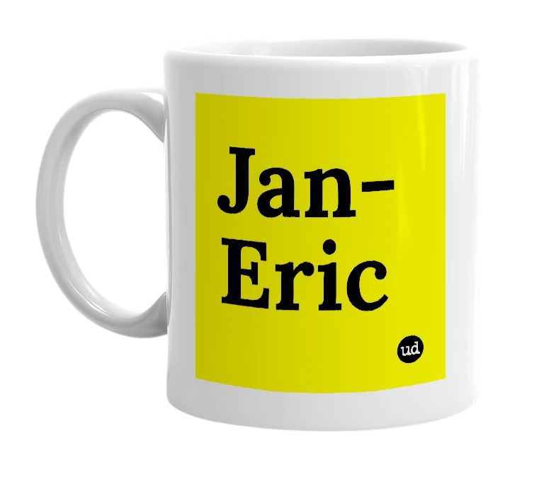 White mug with 'Jan-Eric' in bold black letters