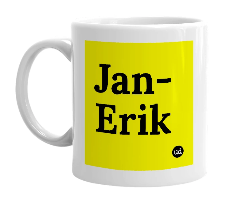 White mug with 'Jan-Erik' in bold black letters