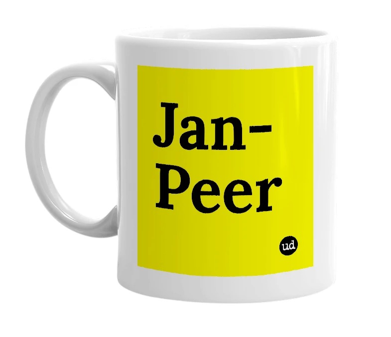 White mug with 'Jan-Peer' in bold black letters