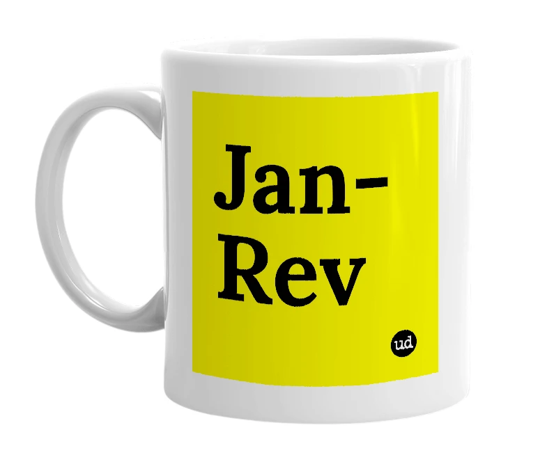White mug with 'Jan-Rev' in bold black letters