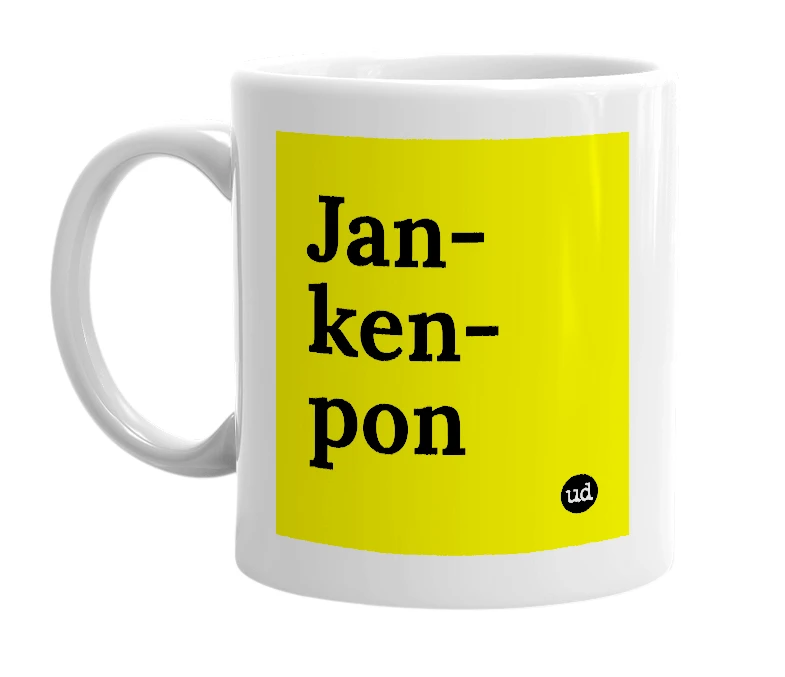 White mug with 'Jan-ken-pon' in bold black letters