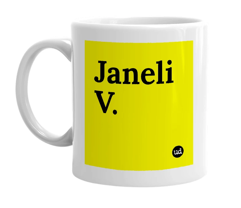 White mug with 'Janeli V.' in bold black letters